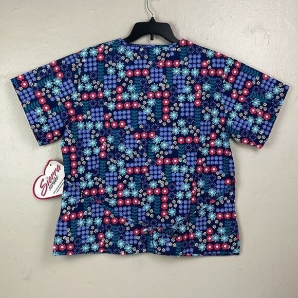 Sierra Women's Blue Pink Floral Scrub Top Large NWT nurse office periwinkle vet - Picture 3 of 8